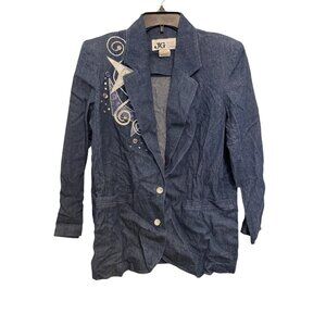 Vintage JG Petite Collection By Joyce Womens Denim Blazer Size 12 Embellished Ma